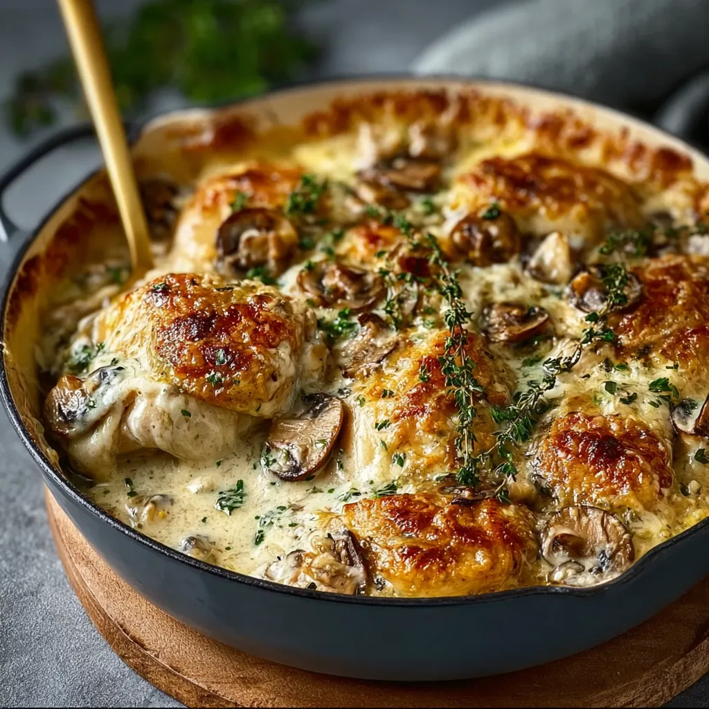 A close-up shot showcases the rich and bubbly Creamy Chicken and Mushroom Bake, highlighting its golden-brown crust and creamy interior.
