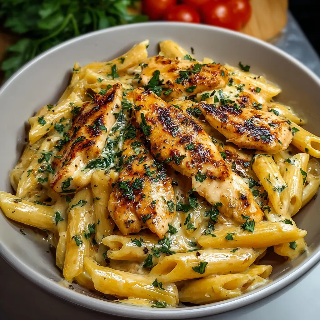 Close-up view of creamy Creamy Crac Chicken Penne, showcasing its rich sauce and tender chicken.