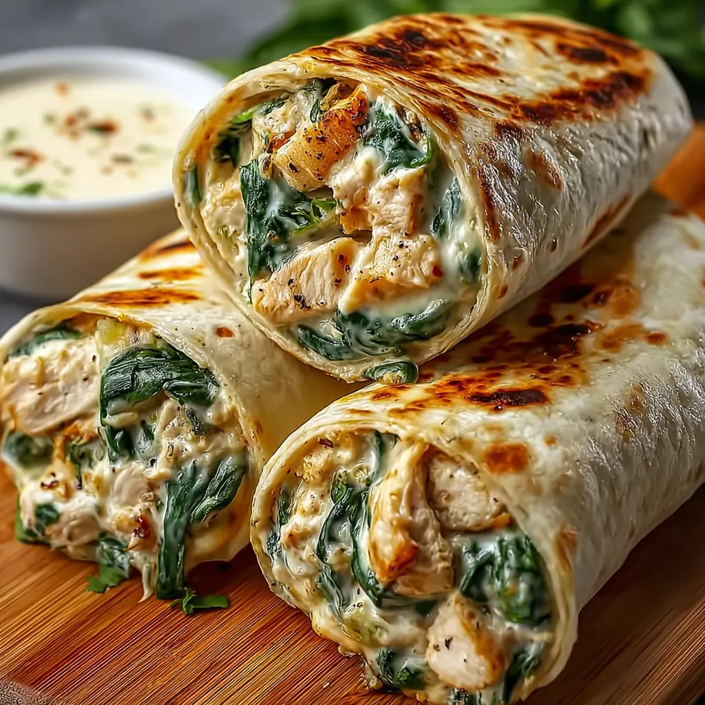 Close-up of delicious Creamy Garlic Chicken Spinach Wraps, showcasing the creamy filling and fresh spinach.