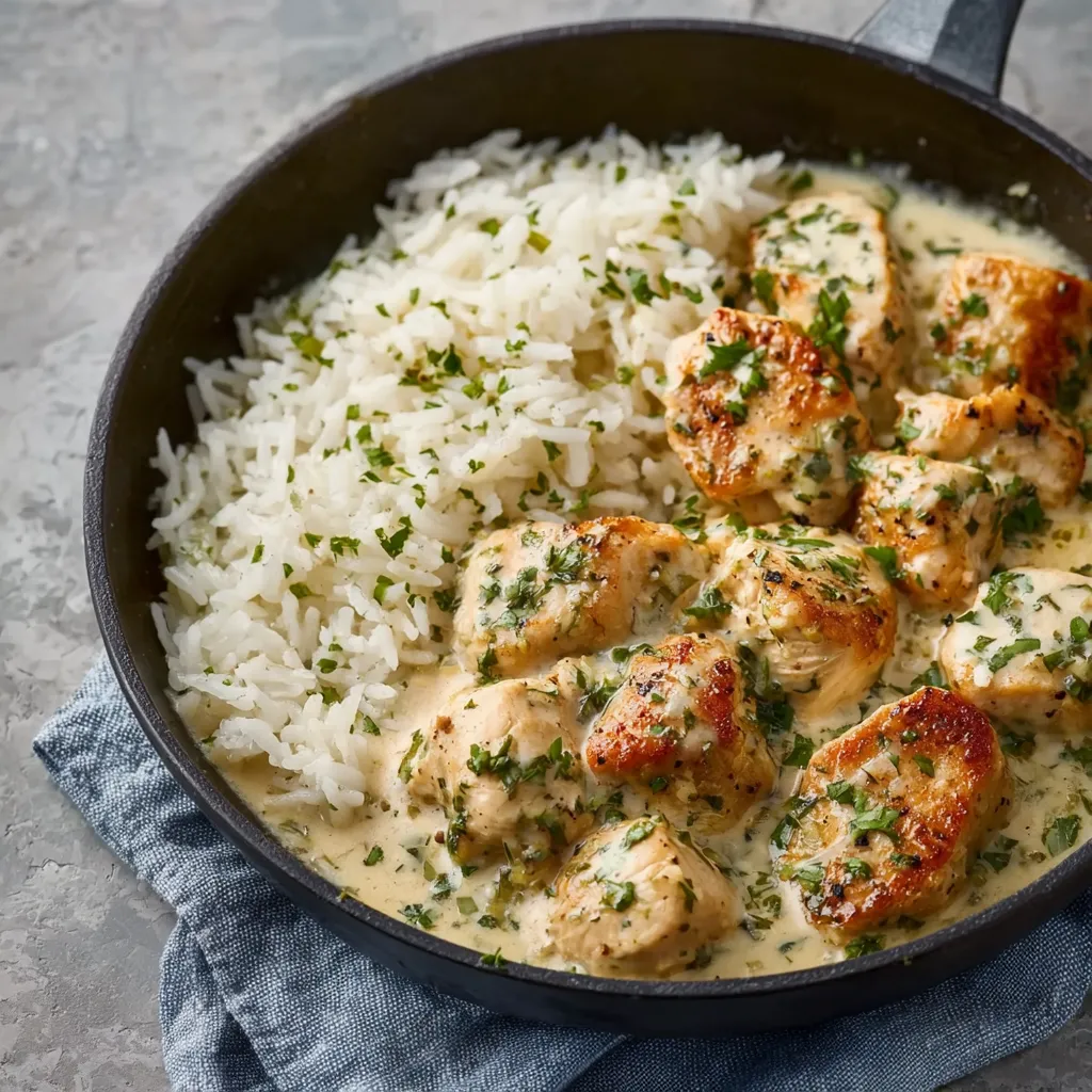 A close-up shot showcases the delicious Creamy Herb Chicken & Basmati Rice, highlighting its creamy sauce and fresh herbs.