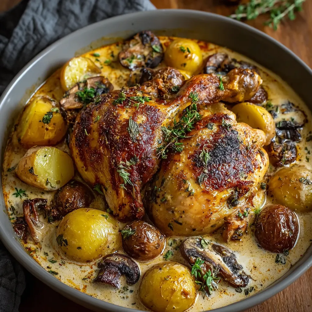 Close-up of Creamy Herb Roasted Chicken with golden-brown skin and creamy herb sauce.
