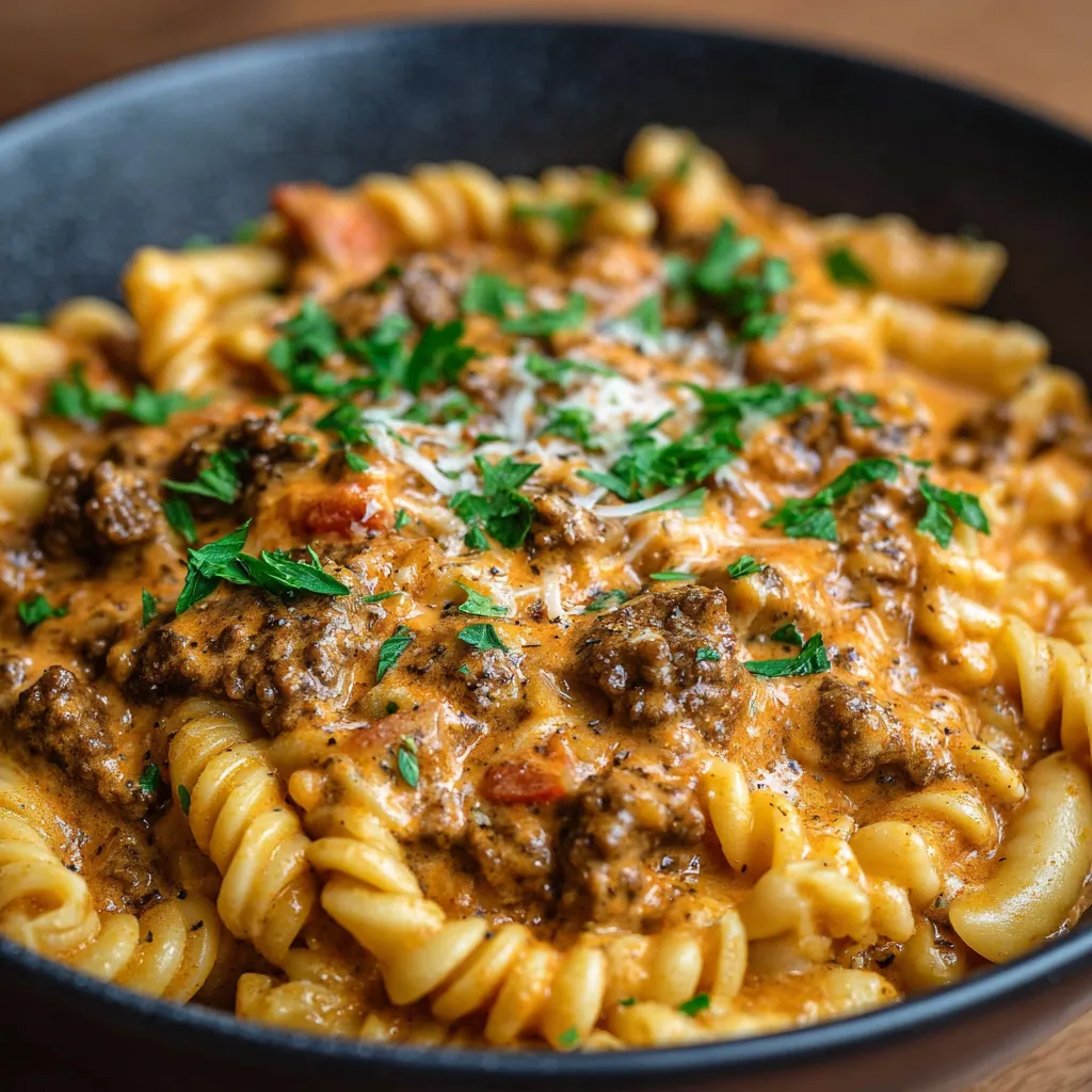 A close-up shot showcases a serving of Creamy High Protein Beef Pasta, highlighting its rich sauce and tender beef.