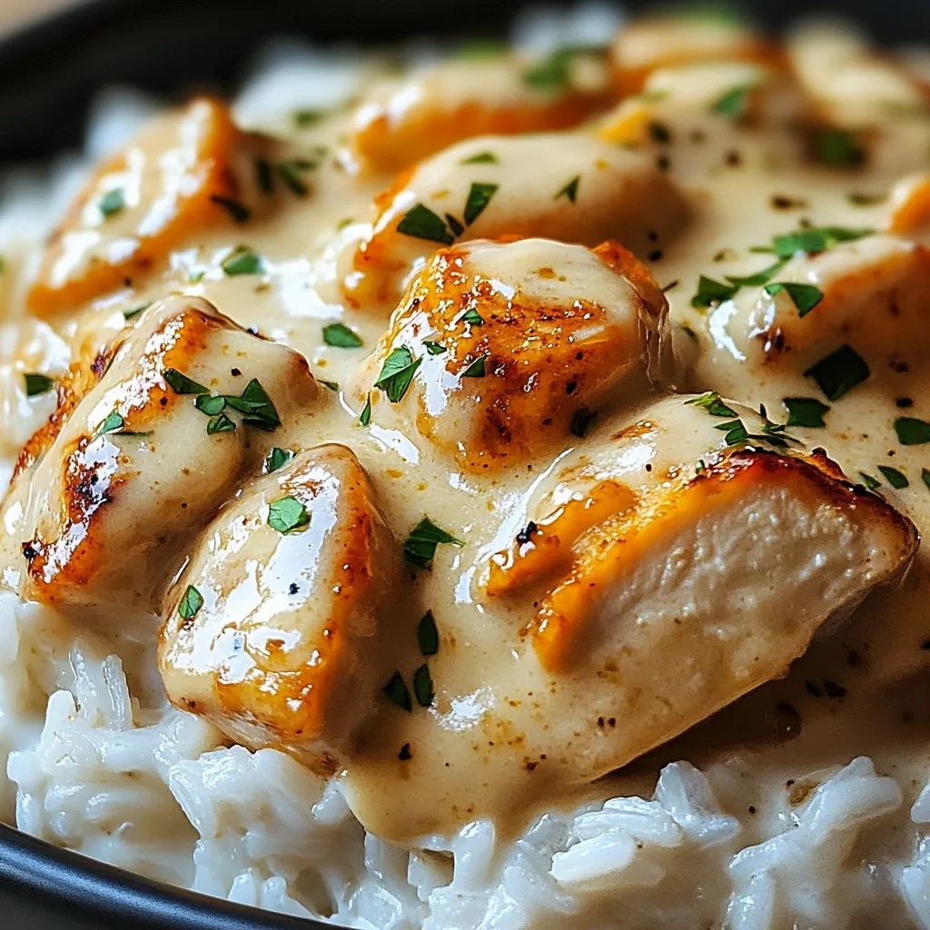 Creamy Smothered Chicken And Rice is beautifully presented in a serving dish, showcasing its creamy sauce and tender chicken.