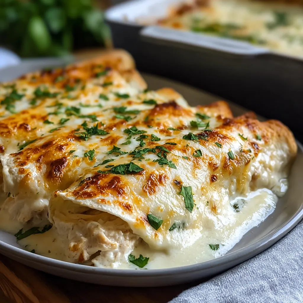 Close-up of delicious Creamy White Chicken Enchiladas, showcasing the creamy sauce and melted cheese.