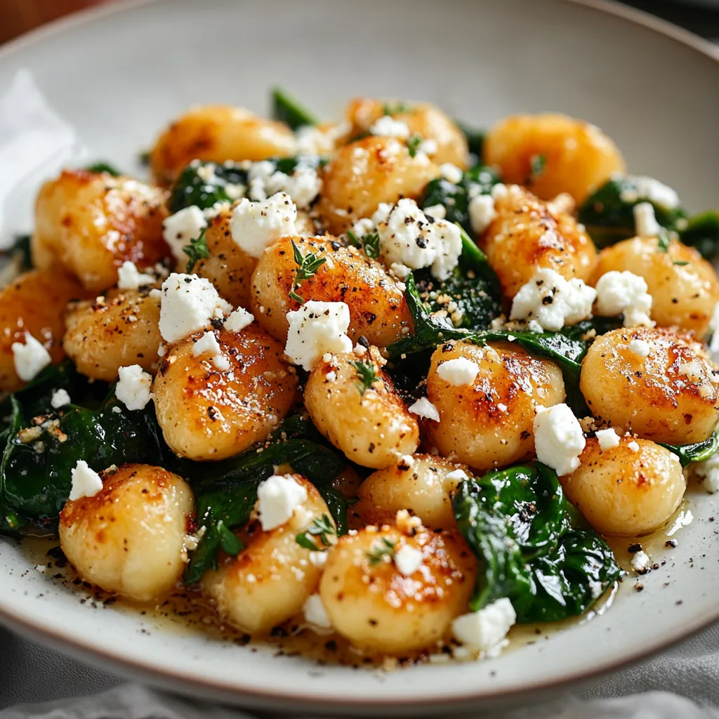Close-up shot of delicious Crispy Gnocchi With Spinach And Feta, showcasing the golden-brown gnocchi and vibrant green spinach.