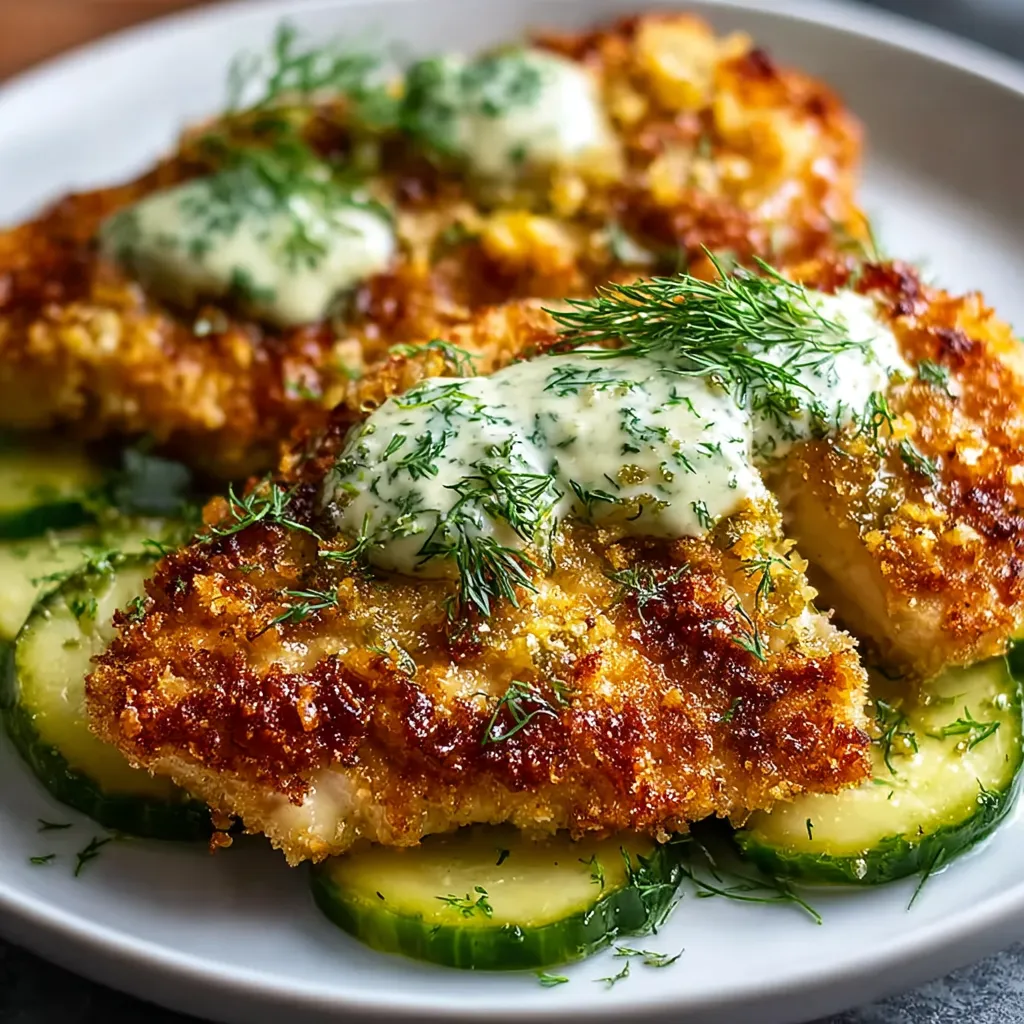 Close-up view of juicy and golden Dill Pickle Parmesan Chicken ready to be served.