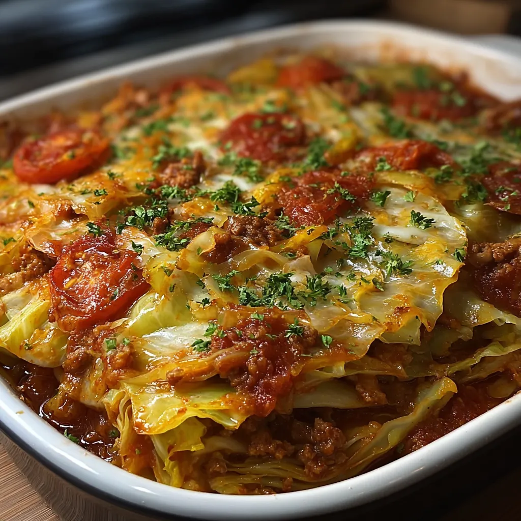 Close-up of a freshly baked Cabbage Roll Casserole, showcasing its layered ingredients and browned top.