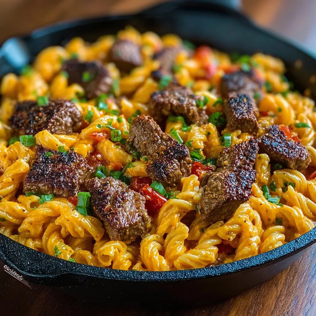 Close-up showcasing the creamy sauce and tender steak in a delicious Cajun Steak Pasta Skillet.