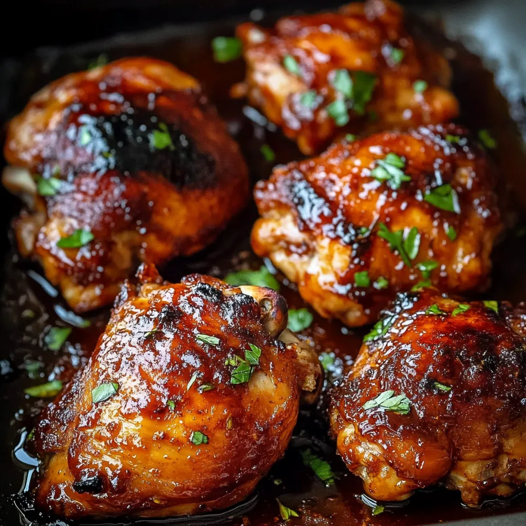 Close-up of delicious and sticky Caramelized BBQ Chicken Thighs, showcasing their glistening glaze.