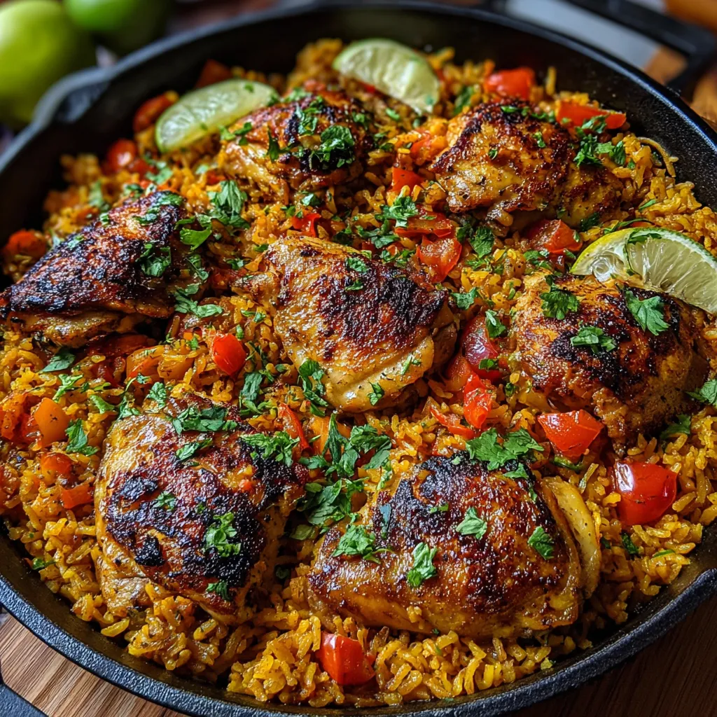 Close-up shot of delicious Caribbean Chicken And Rice served in a colorful bowl.