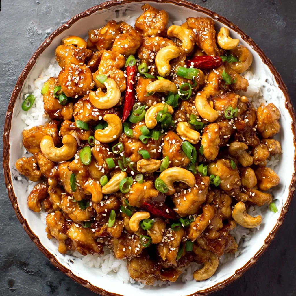 Close-up shot showcasing the delicious texture and ingredients of freshly prepared Cashew Chicken.
