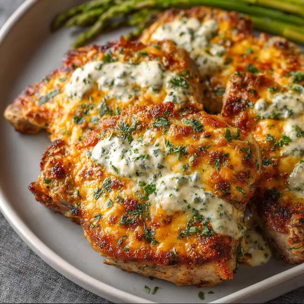 Close-up of delicious Cheddar Ranch Pork Chops, ready to be served.