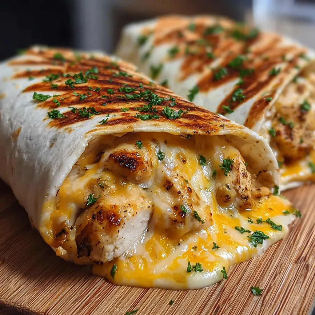 Close-up of delicious Cheesy Garlic Chicken Wraps, showcasing the melted cheese and flavorful chicken filling.