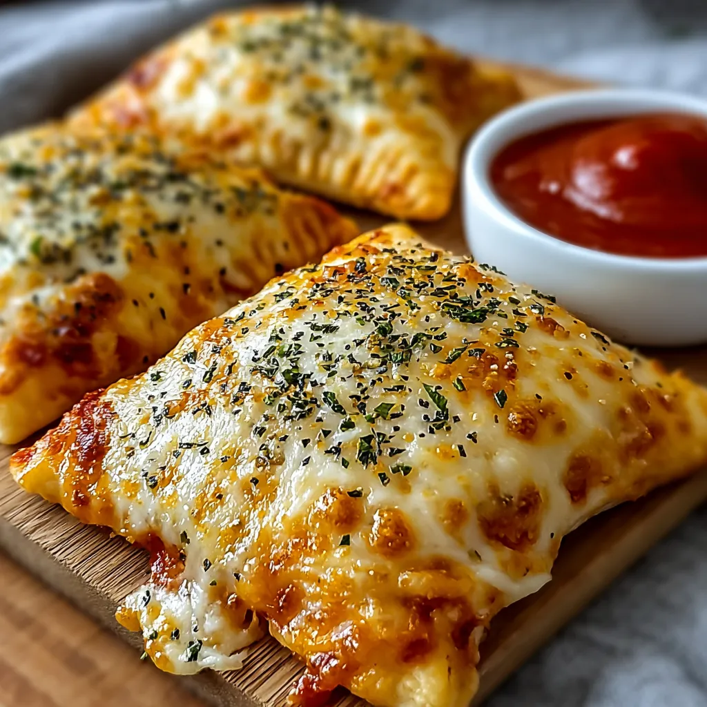 Close-up shot of golden brown Cheesy Pizza Pockets, showcasing the melted cheese oozing from the flaky crust.