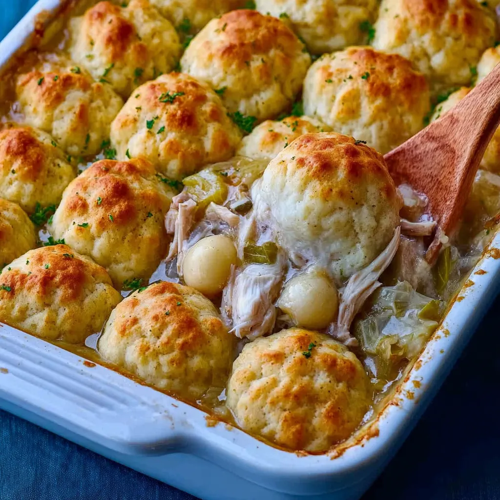 Close-up view of a golden-brown Chicken Bubble Biscuit Bake after being removed from the oven.