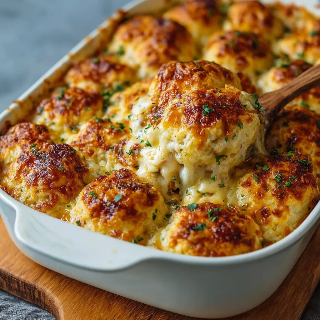 Close-up view of a golden brown Chicken Bubble Biscuit Bake, showcasing its flaky biscuit topping and creamy chicken filling.