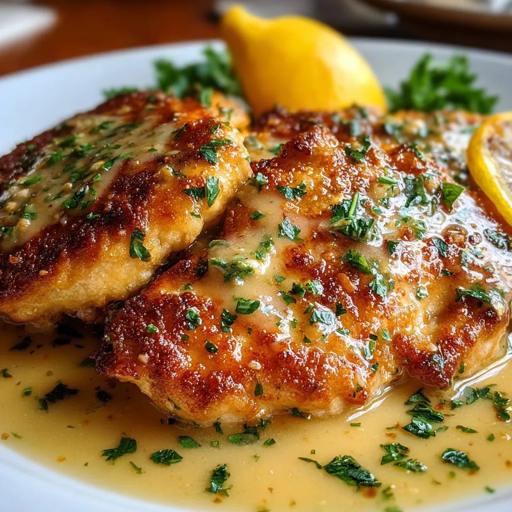 Close-up of golden-brown Chicken Francese with lemon-butter sauce, ready to serve.