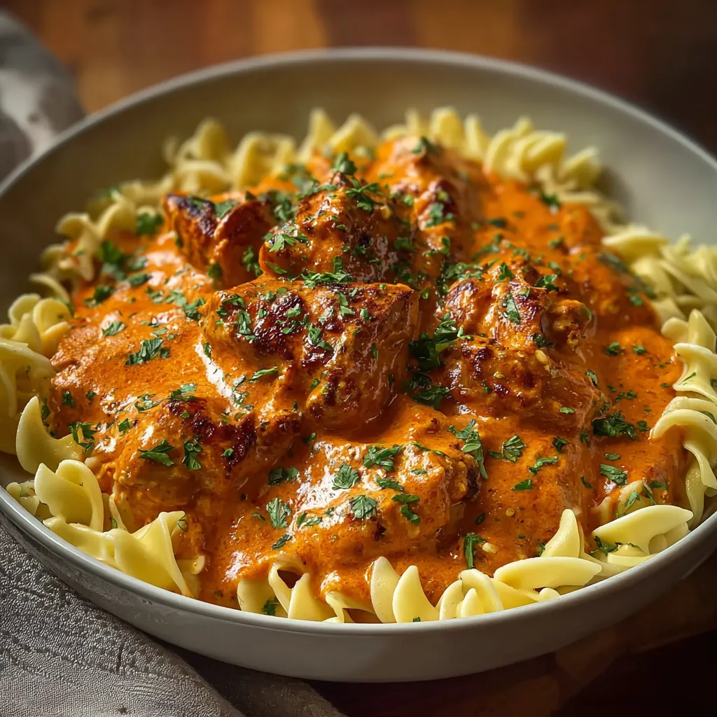 Close-up shot of delicious, creamy Chicken Paprikash served in a bowl, showcasing the rich paprika sauce and tender chicken.