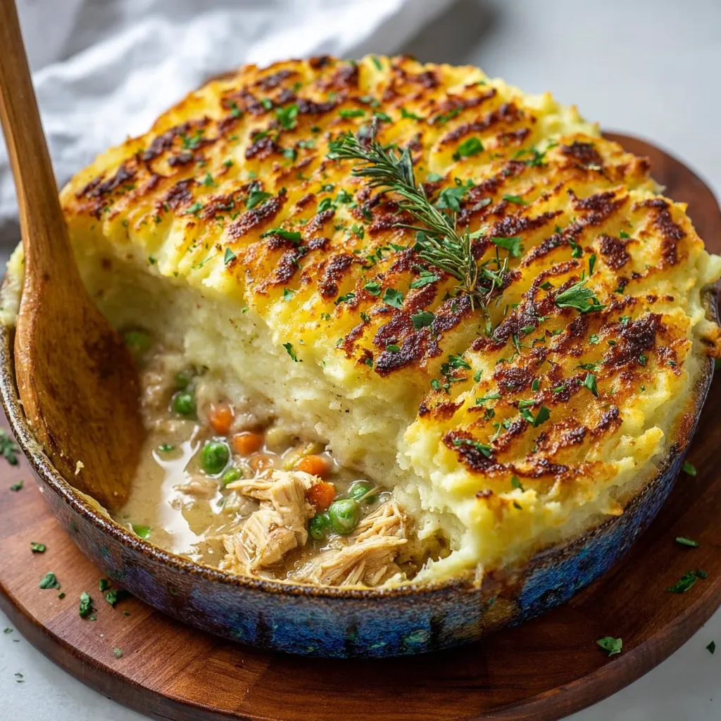 Close-up view of a freshly baked Chicken Shepherd's Pie with a golden-brown mashed potato topping.