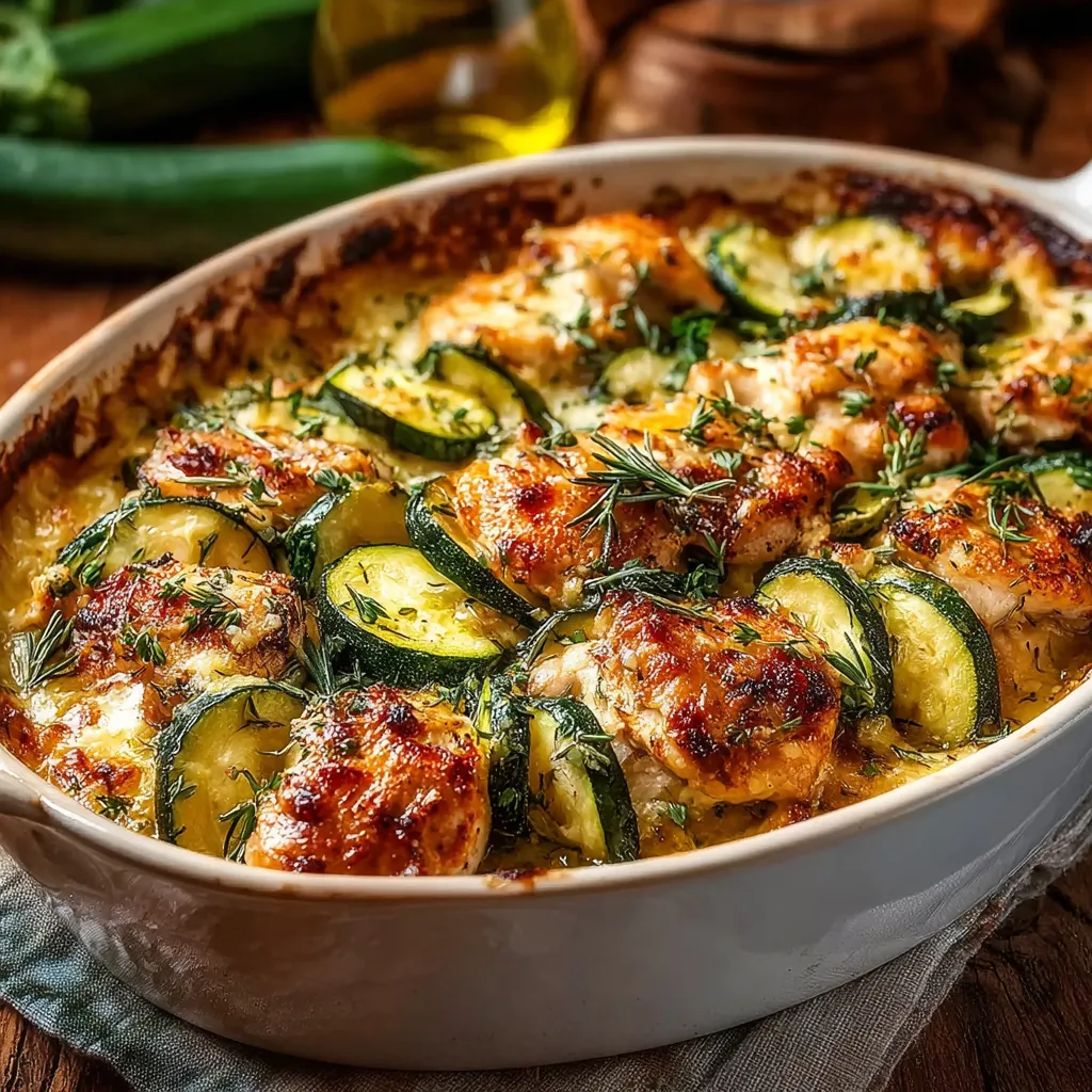 Close-up shot showcasing the delicious texture and cheesy topping of the Chicken Zucchini Bake.