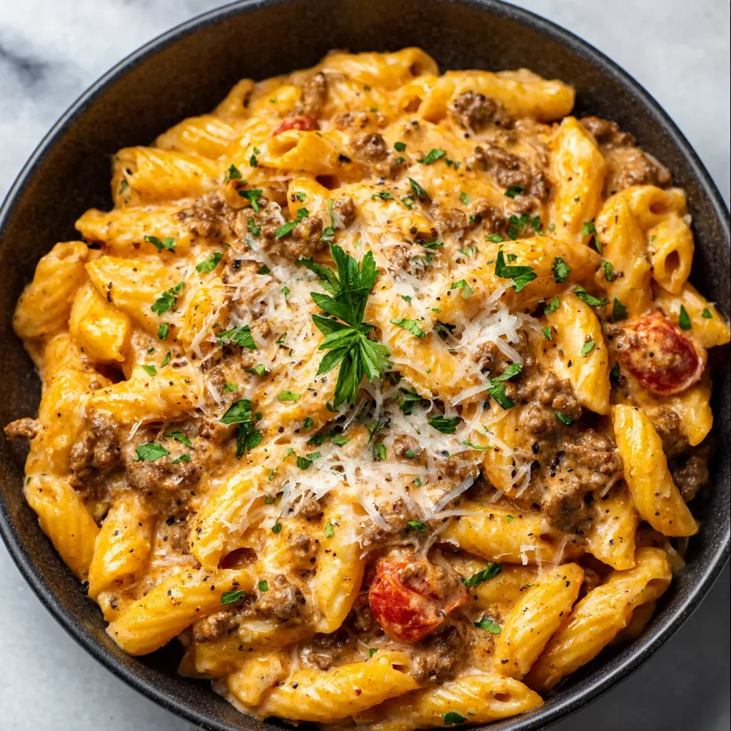 Close-up shot of freshly made Creamy Beef Pasta, showcasing its creamy sauce and tender beef.
