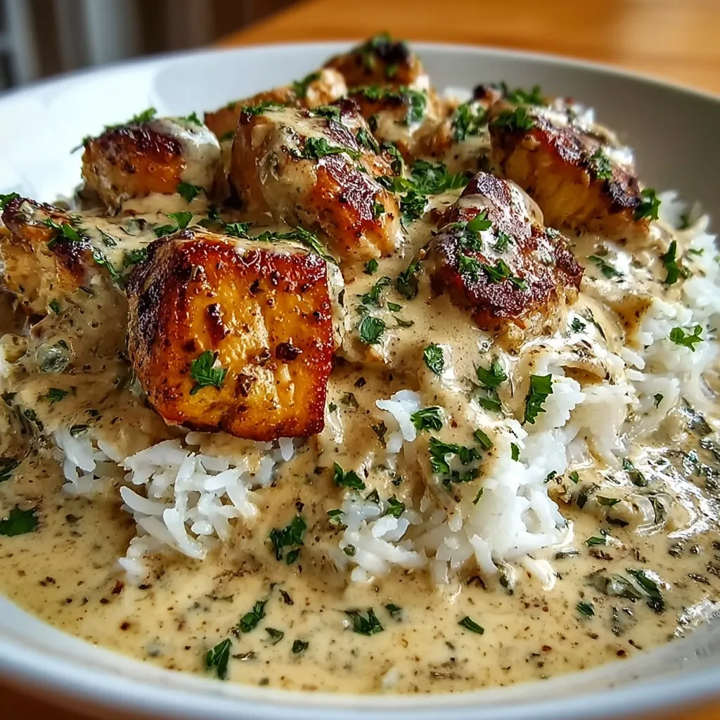Close-up of delicious Creamy Smothered Chicken And Rice, showcasing its creamy texture and tender chicken pieces.