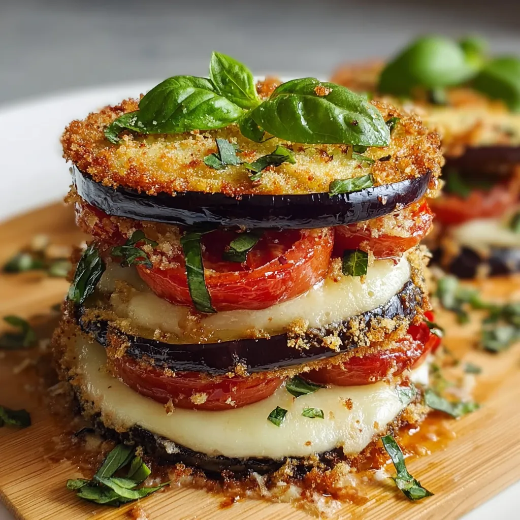 Close-up of a delicious, layered Eggplant Napoleon dish, ready to be served.