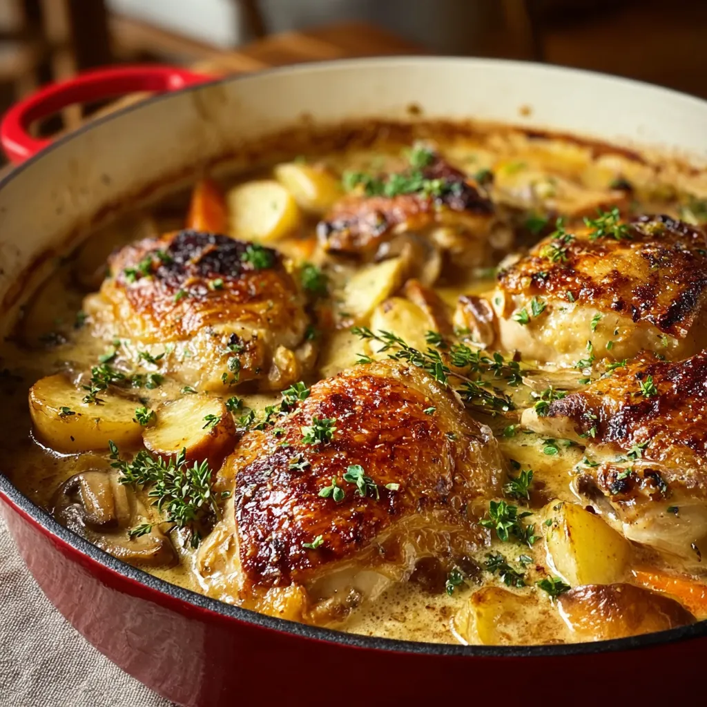 Close-up showing the creamy sauce and tender chicken pieces in a delicious French Chicken Casserole A La Normande.