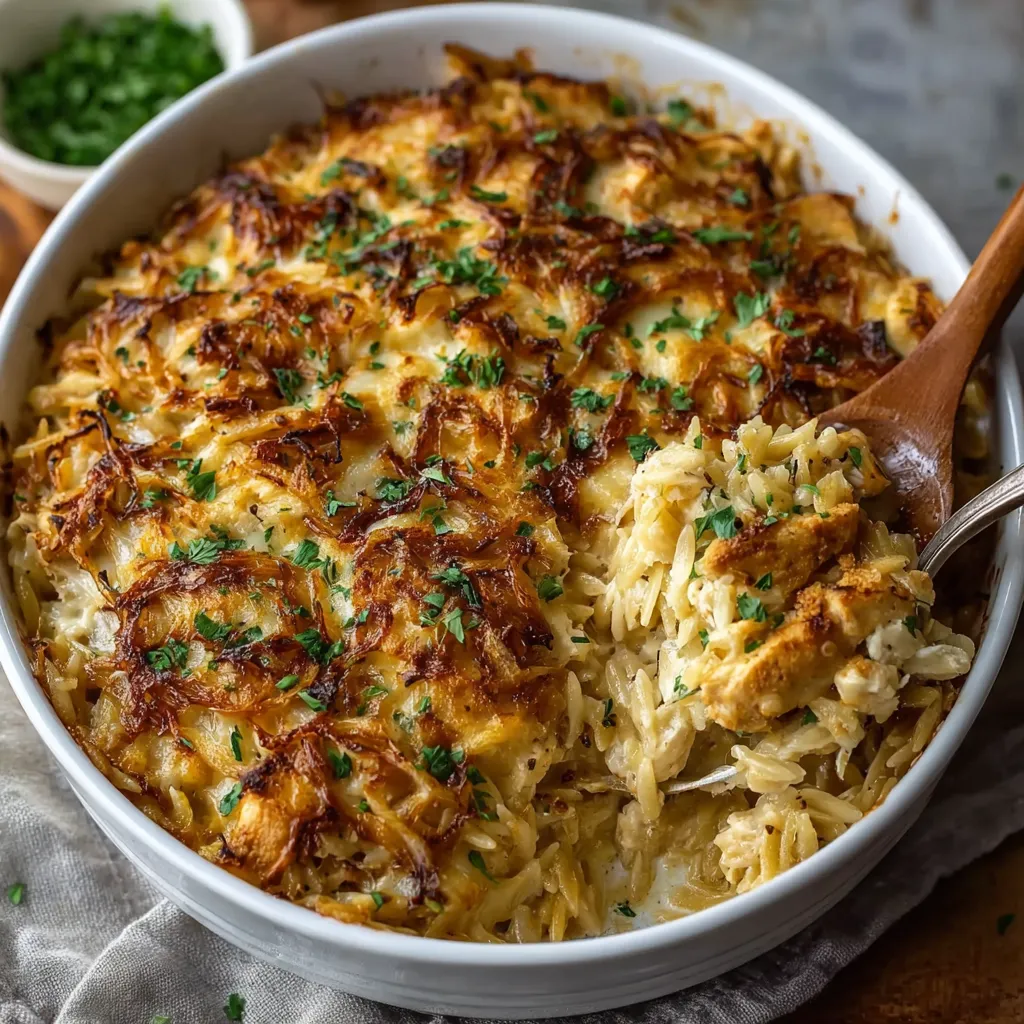 Close-up of a creamy and golden-brown French Onion Chicken Orzo Casserole, showcasing the baked cheese topping and tender chicken pieces.