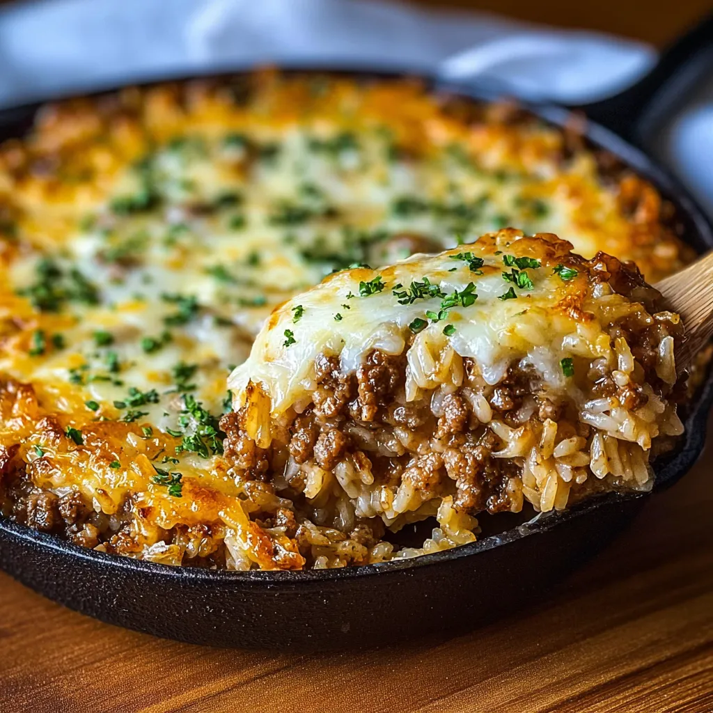 Second image showcasing the delicious layers of a freshly baked French Onion Ground Beef and Rice Casserole.