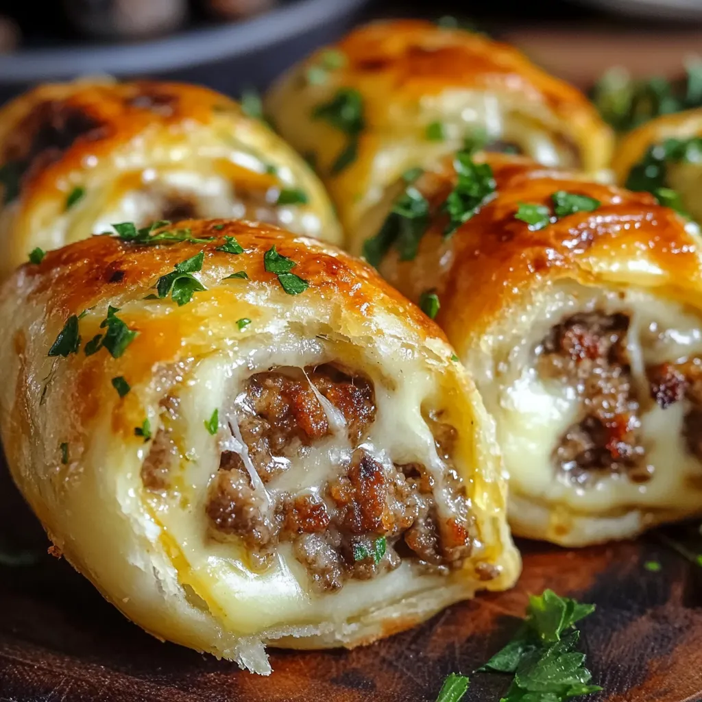 Close-up view of golden Garlic Butter Cheeseburger Rollups fresh from the oven, showcasing their cheesy, buttery goodness.