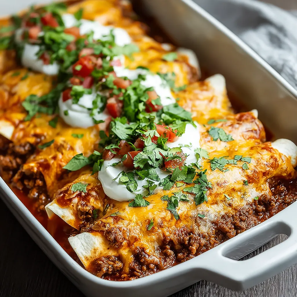 Close-up shot of cheesy Ground Beef Enchiladas fresh out of the oven.
