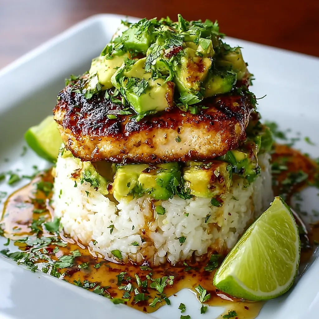 A close-up view showcases a delicious Honey Lime Chicken Avocado Rice Stack, highlighting the layers of chicken, avocado, and rice.