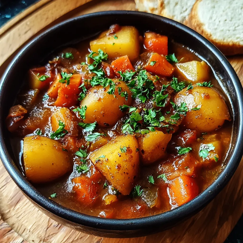 Close-up of a bowl of hearty Irish Vegetarian Stew with chunky vegetables and a rich broth, ready to be served.