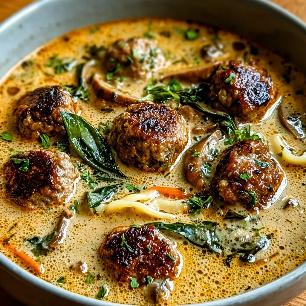 A close-up shot showcases a steaming bowl of homemade Italian Meatball Soup, inviting viewers to explore the recipe.