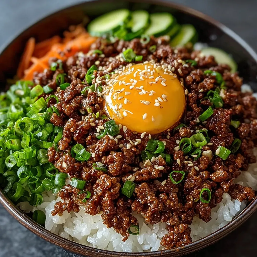Close-up of a delicious Korean Ground Beef Bowl, showcasing the vibrant ingredients and textures.
