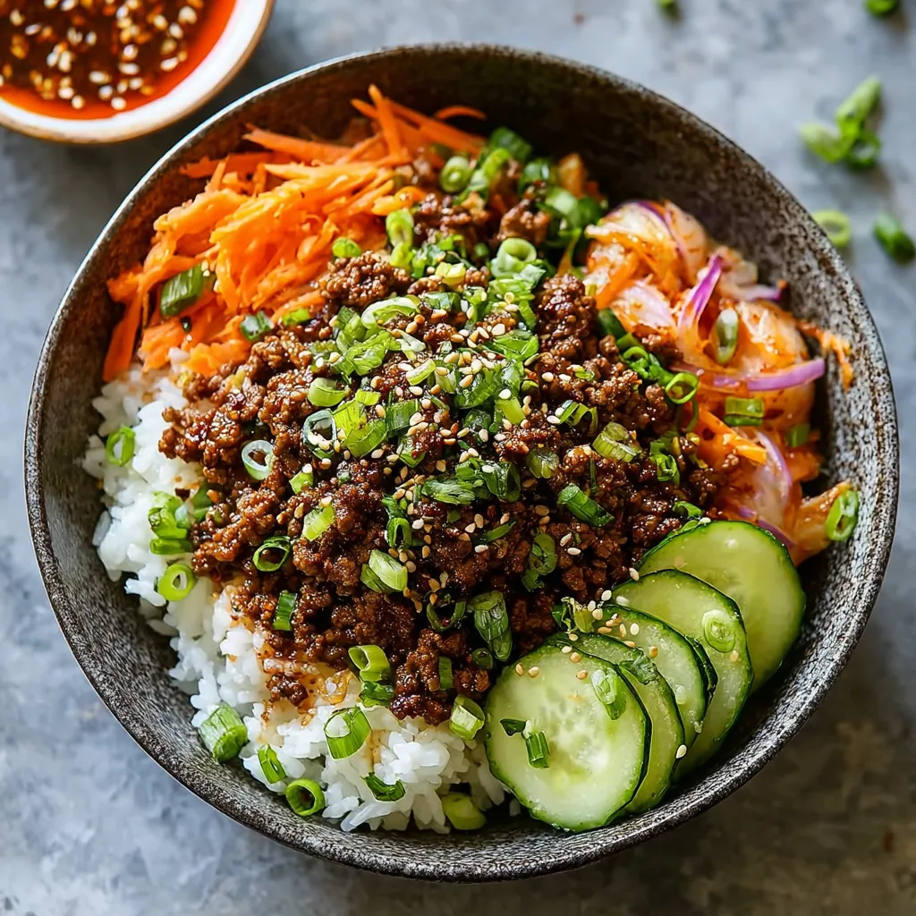 Close-up shows a flavorful Korean Ground Beef Bowl, highlighting the textures and ingredients of this delicious meal.