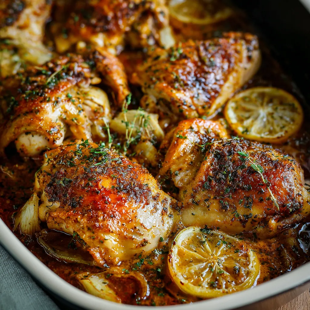 Close-up shot of juicy Lemon Butter Chicken, ready to be served.