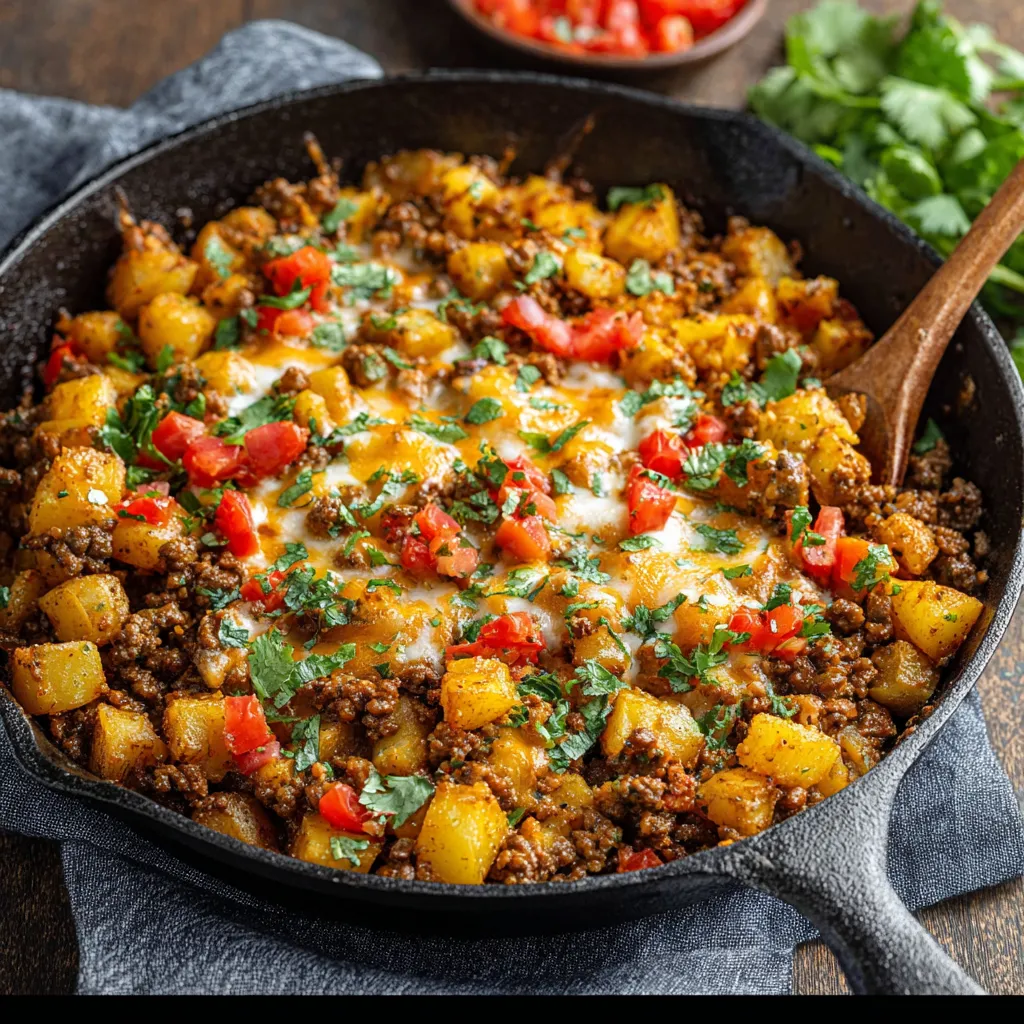 Close-up of a delicious Mexican Ground Beef And Potato Skillet Dinner, showcasing the savory ground beef, tender potatoes, and vibrant Mexican spices.