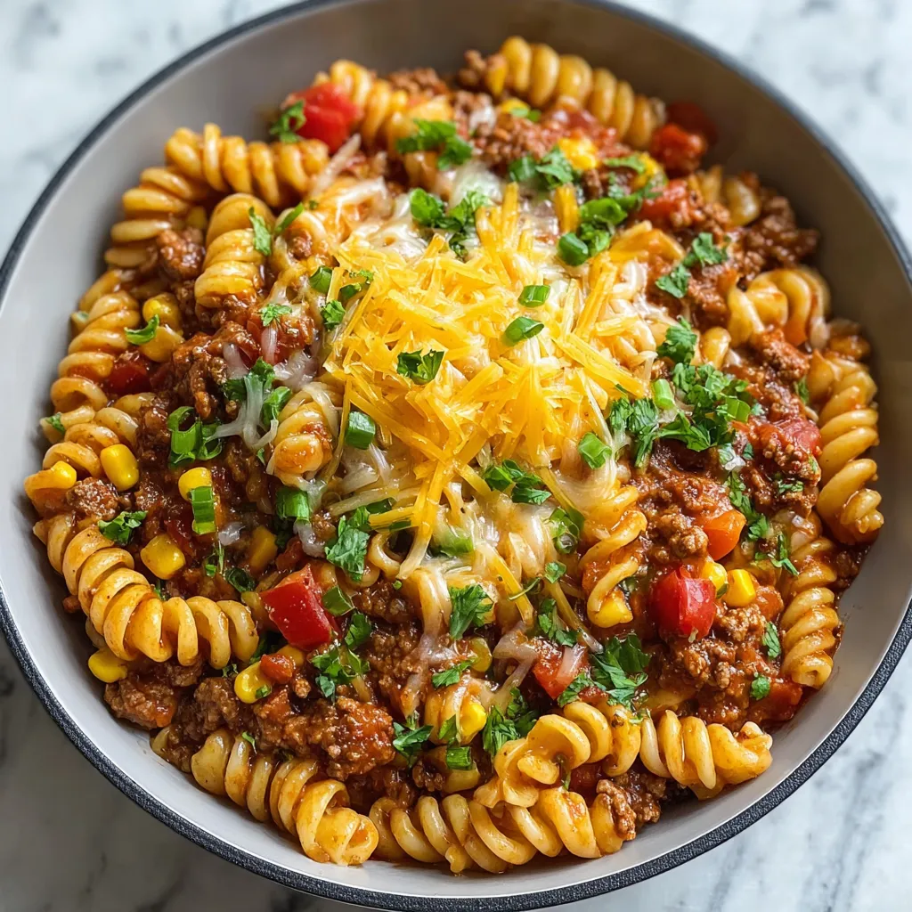 Close-up of a cheesy and saucy serving of Taco Pasta, perfect for a weeknight meal.