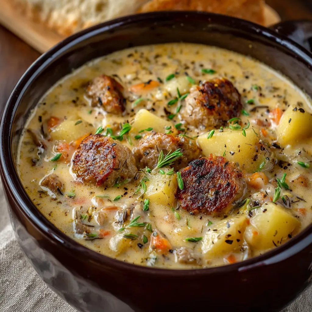 Close-up view of creamy Potato Sausage Chowder with chunks of potatoes, sausage, and herbs.