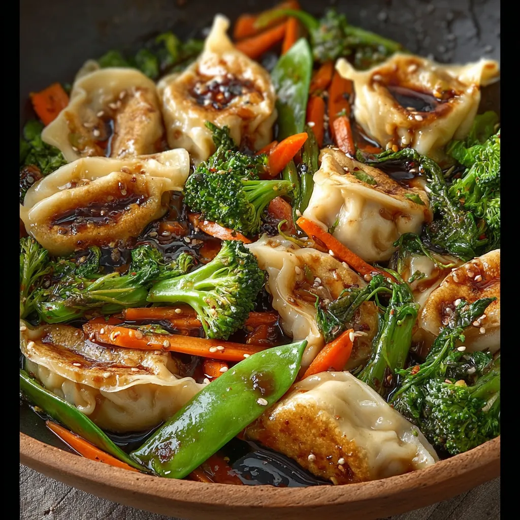 Close-up of a colorful Potsticker Stir Fry, showcasing the crispy potstickers and vibrant vegetables.