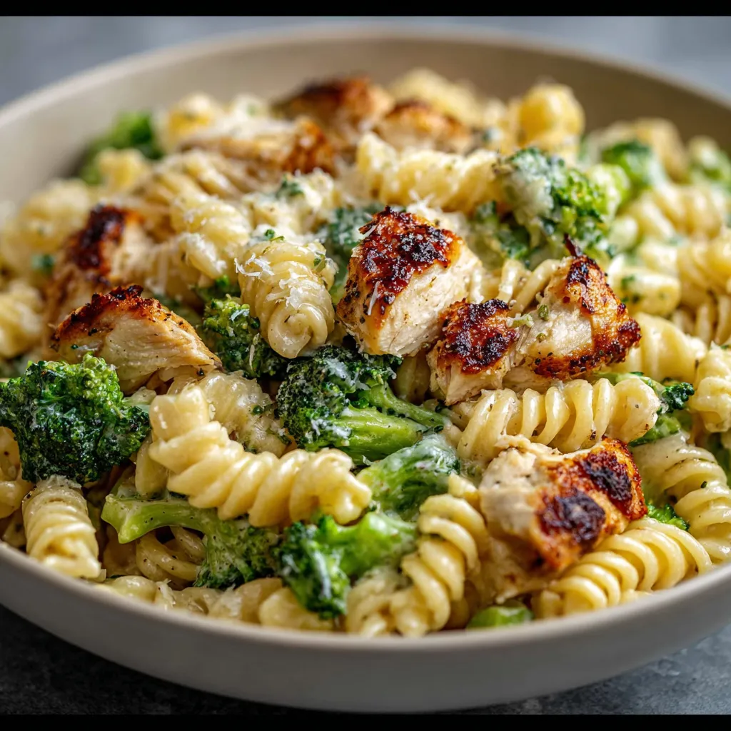 Close-up shot showcasing a delicious serving of Rotisserie Chicken Broccoli Pasta, highlighting the creamy sauce and vibrant green broccoli.