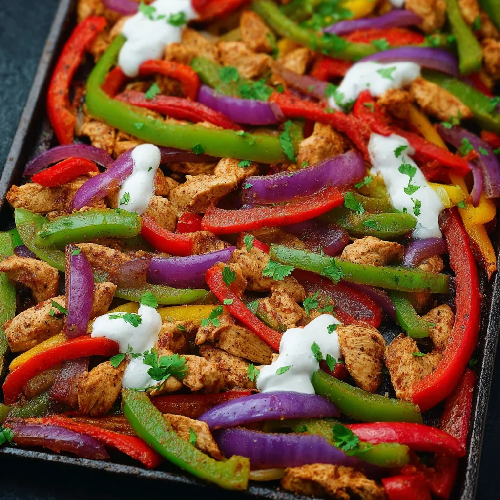 Close-up of colorful Sheet Pan Chicken Fajitas, fresh from the oven and ready to serve.