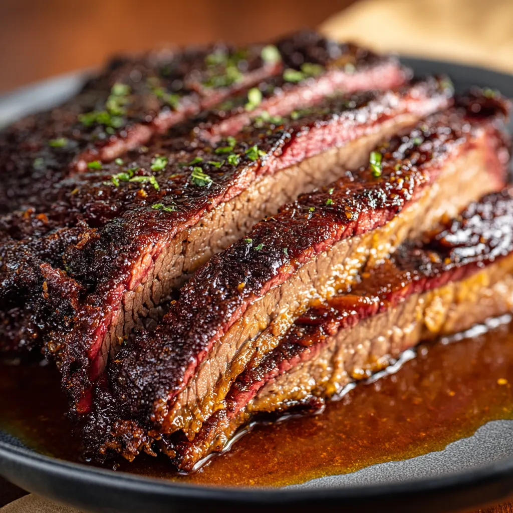 Close-up image of a delicious, juicy slice of Smoked Beef Brisket showcasing its smoky bark and tender meat.