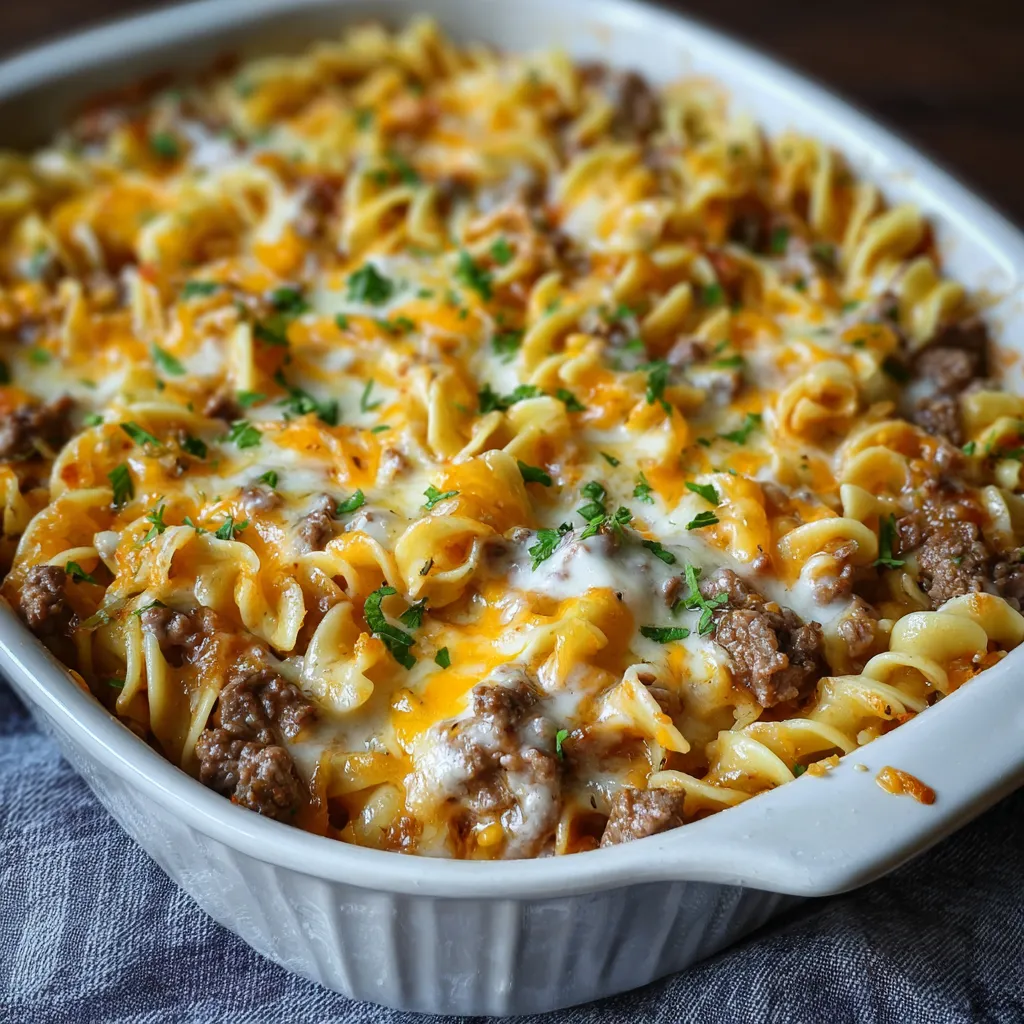 A close-up shot showcases a delicious-looking Sour Cream Beef Noodle Casserole, ready to be served.
