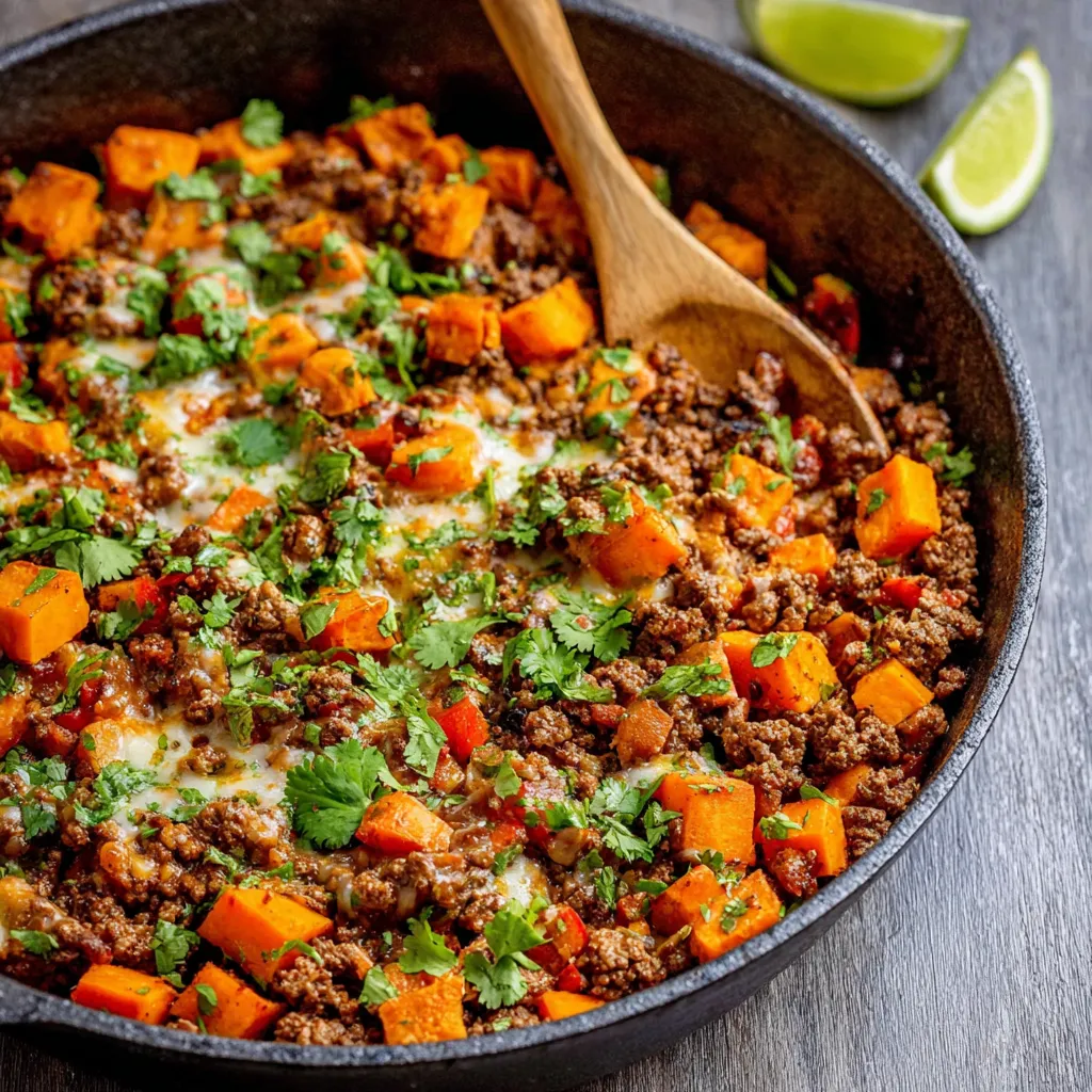 Close-up shot of a prepared Southwest Ground Beef And Sweet Potato Skillet, showcasing the texture and ingredients.