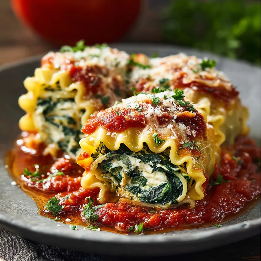 Close-up shot of freshly baked Spinach Lasagna Roll Ups, showcasing the creamy ricotta filling and golden-brown cheese topping.