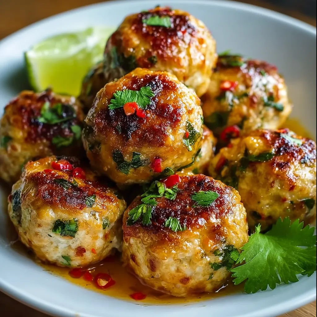 Close-up of golden brown Thai Baked Chicken Meatballs, showcasing their delicious texture and baked perfection.