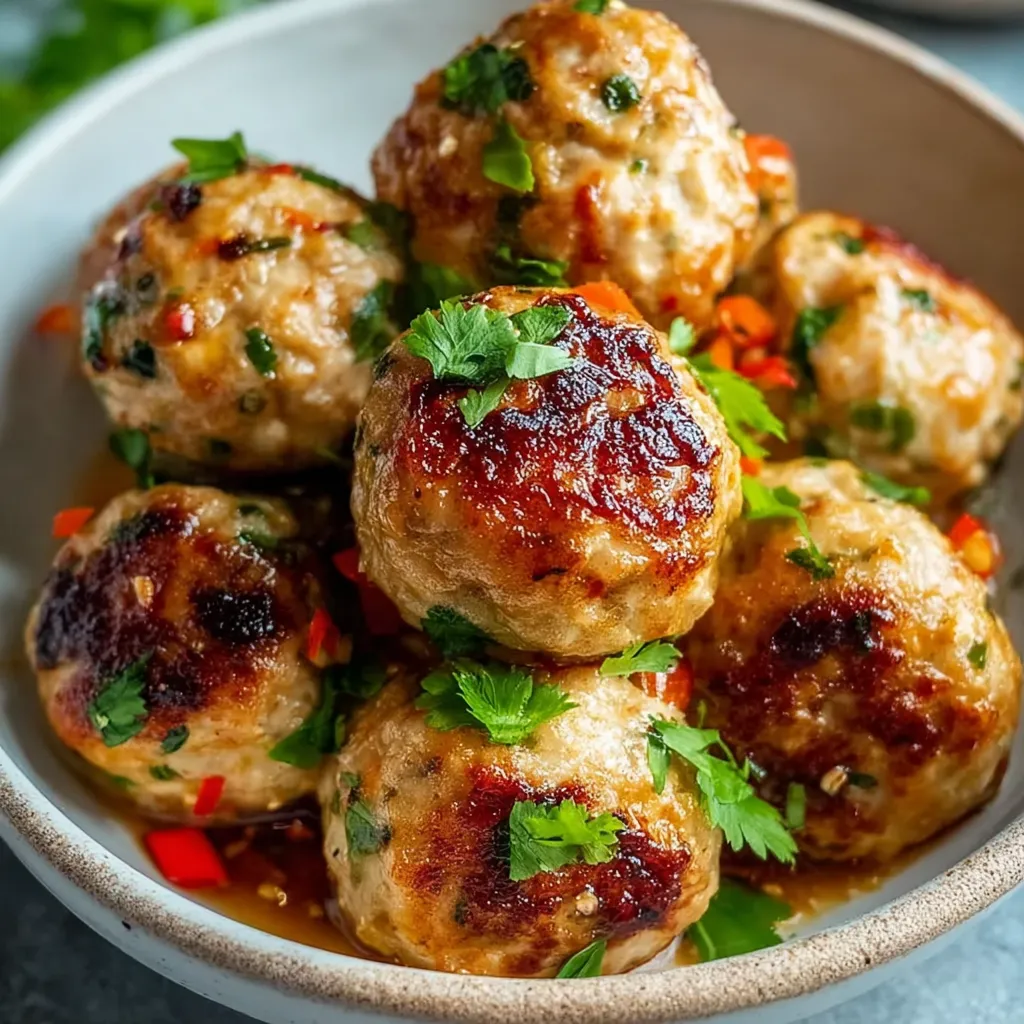 Another view of the delicious Thai Baked Chicken Meatballs, showcasing their golden-brown color and flavorful appearance.